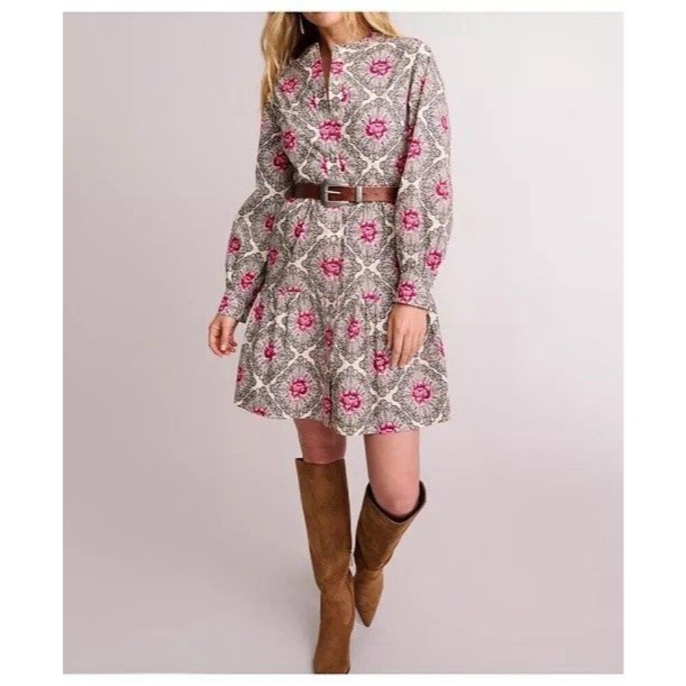 Untuckit Solange Dress Ivory Black Pink Floral Long Sleeve Tiered Women’s 14